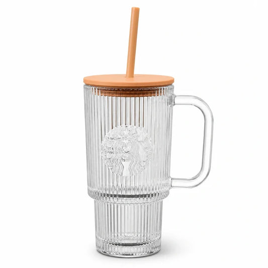 Pumpkin Spice Latte Clear Ribbed Glass Tumbler with Handle & Straw – 22 oz