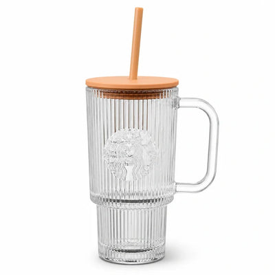 Pumpkin Spice Latte Clear Ribbed Glass Tumbler with Handle & Straw – 22 oz