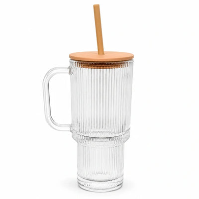 Pumpkin Spice Latte Clear Ribbed Glass Tumbler with Handle & Straw – 22 oz
