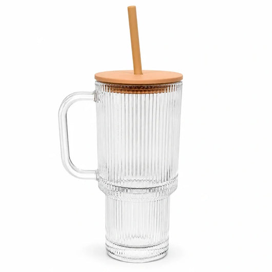 Pumpkin Spice Latte Clear Ribbed Glass Tumbler with Handle & Straw – 22 oz