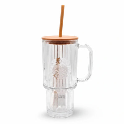 Pumpkin Spice Latte Clear Ribbed Glass Tumbler with Handle & Straw – 22 oz
