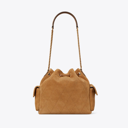 Charlie Quilted Suede Drawstring Shoulder Bag