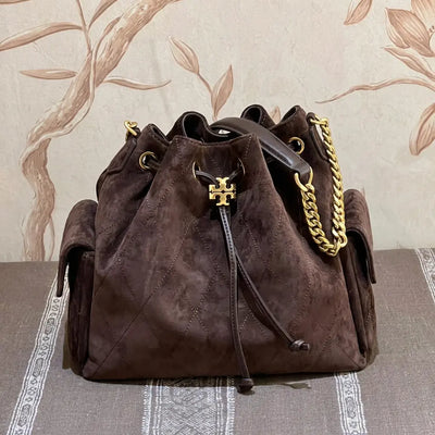 Charlie Quilted Suede Drawstring Shoulder Bag