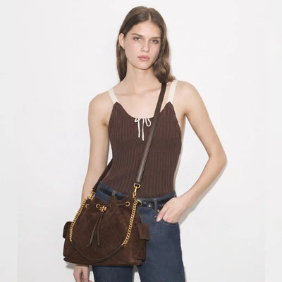 Charlie Quilted Suede Drawstring Shoulder Bag