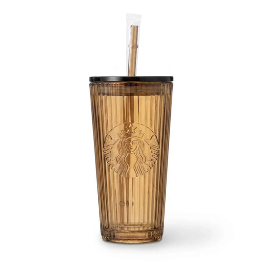 Fall Brown Ribbed Glass Cold Cup Tumbler 16 oz Straw