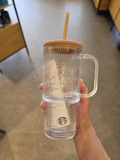 Pumpkin Spice Latte Clear Ribbed Glass Tumbler with Handle & Straw – 22 oz